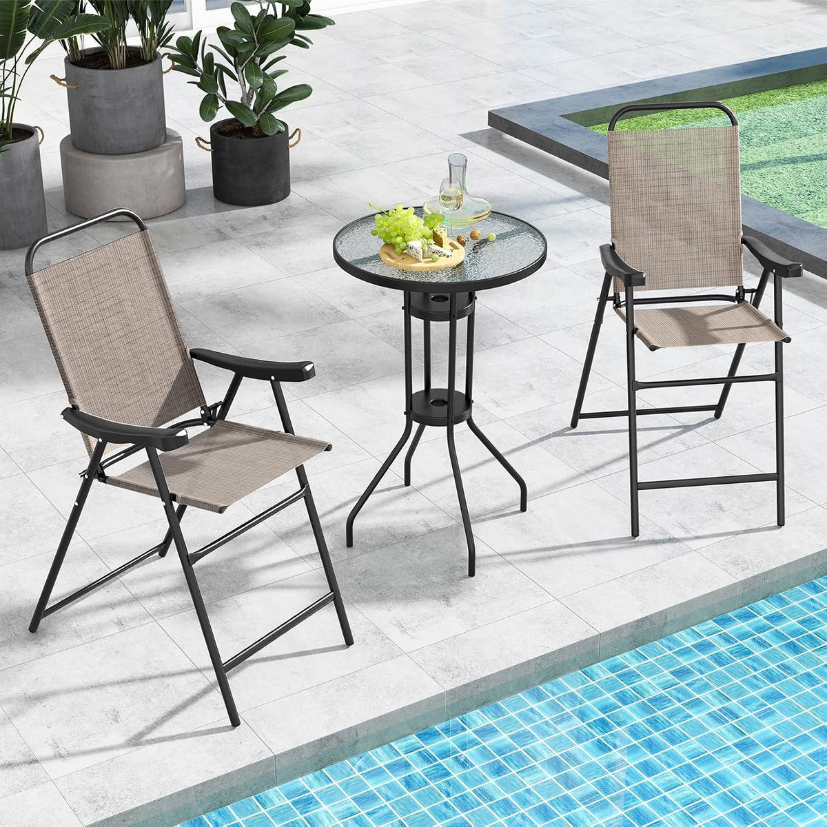 COSTWAY 2 Pieces Patio Folding Bar Chairs with Metal Frame, Footrest, Arms