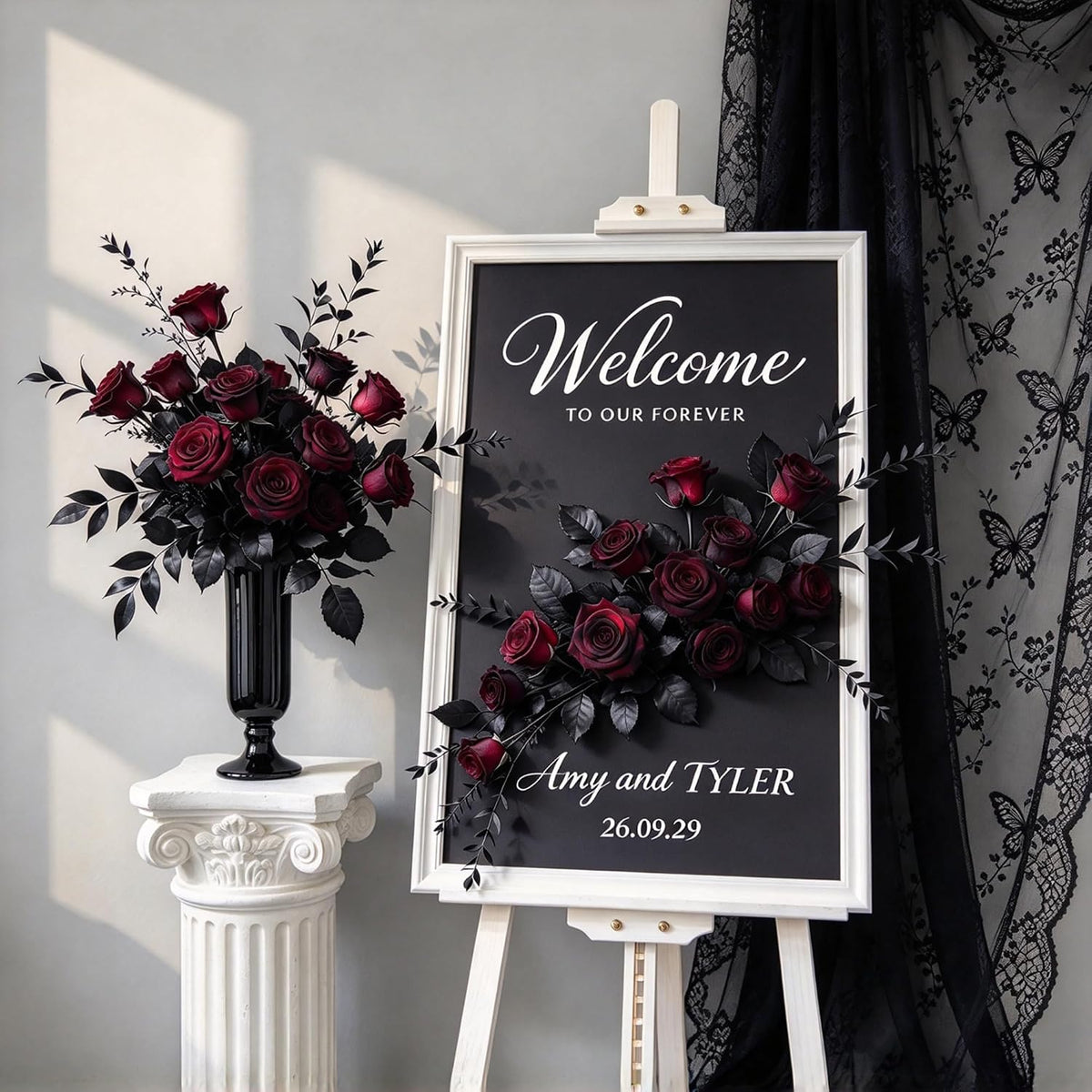 DoubleWood Halloween Artificial Silk Roses, 24Pcs Black Burgundy Flowers