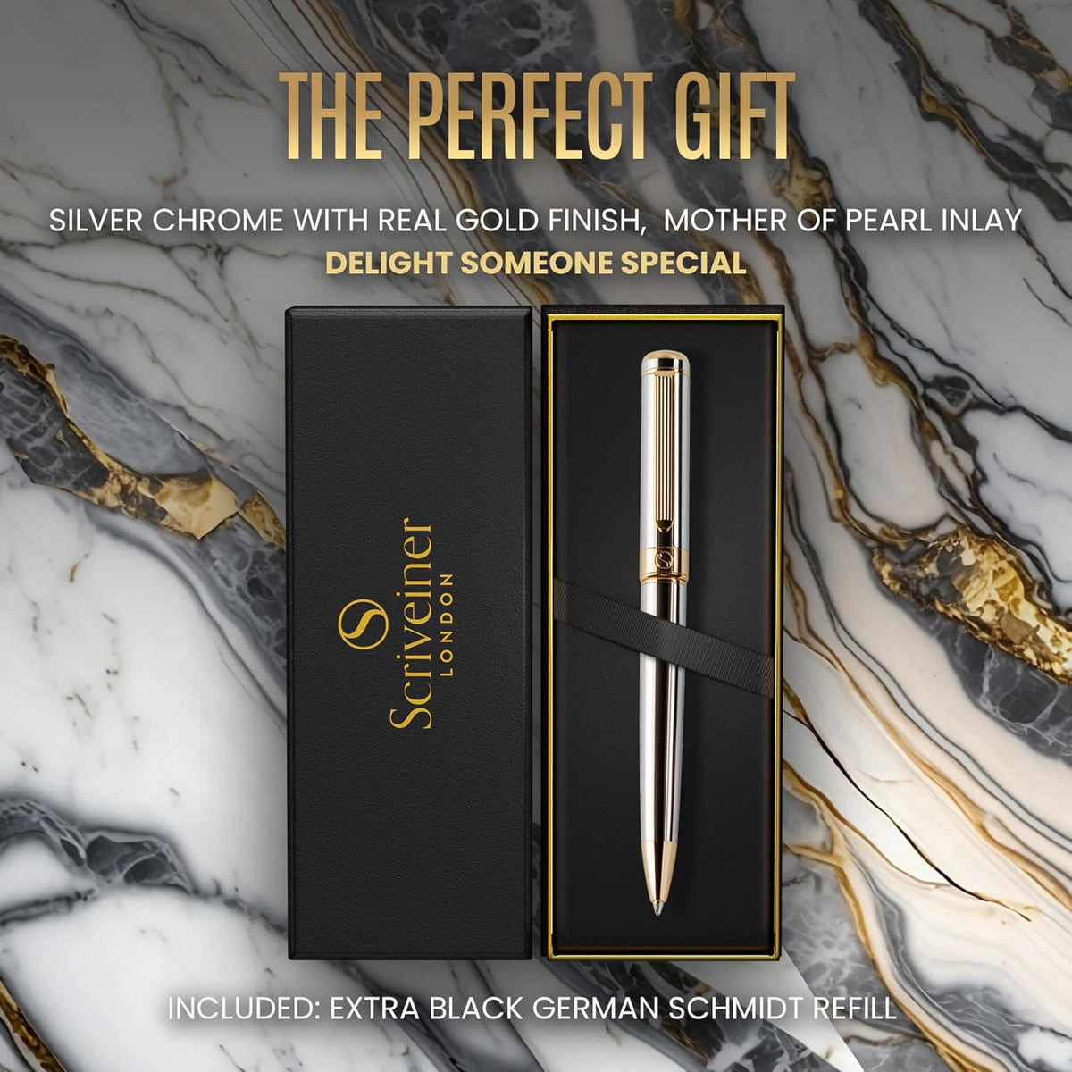 Scriveiner Silver Chrome Ballpoint Pen - Stunning Luxury Pen, Real Gold Plati...