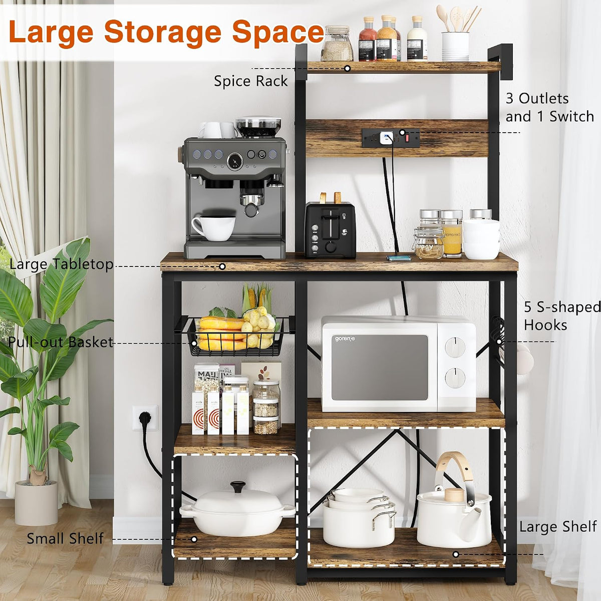Recaceik Bakers Rack Kitchen Storage Rack with Power Outlet Microwave Stand C...