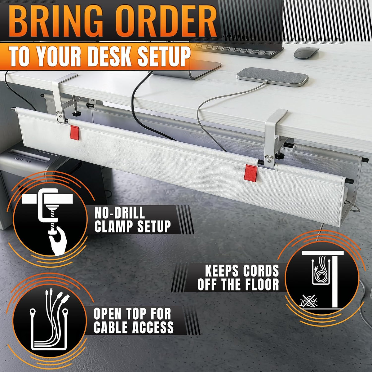 Under Desk Cable Management Tray 48" — No Drill Clamp-On Cord Organizer ...