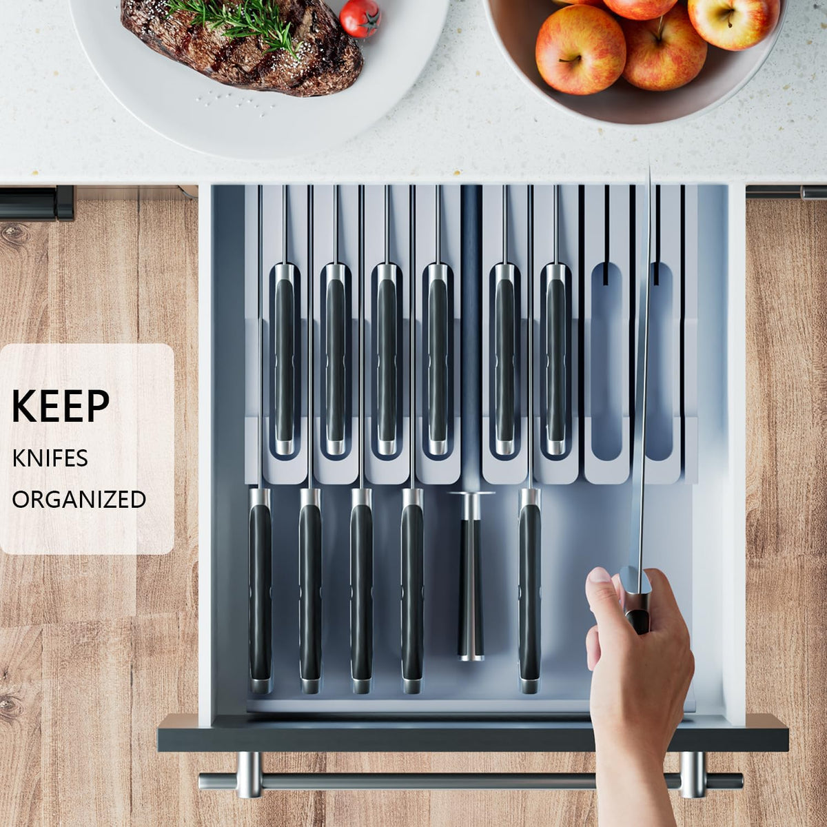 Domax Knife Drawer Organizer Insert Bamboo for 16 Knives, Gray