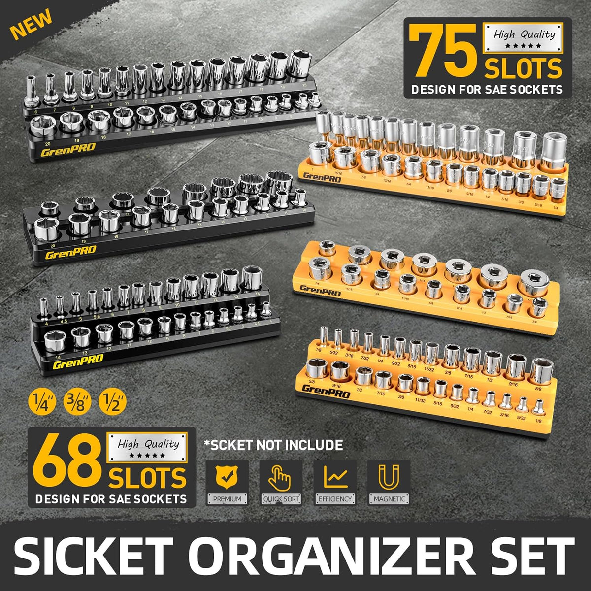 GRENPRO Magnetic Socket Organizer Set, 6PCS 1/4 3/8 1/2 SAE & Metric