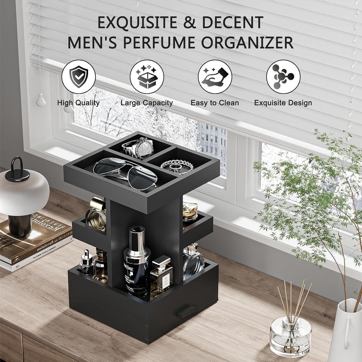 Rotating Cologne Organizer for Men, 3 Tier Wooden Stand with Drawer