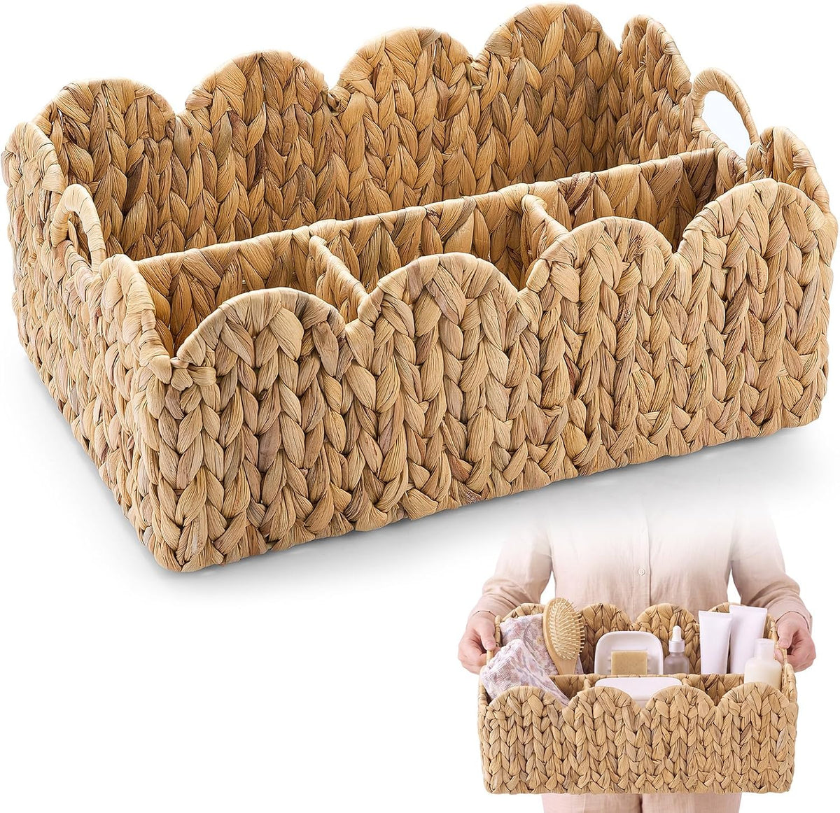 Scalloped Wicker Basket, 4-Section, Natural, Water Hyacinth