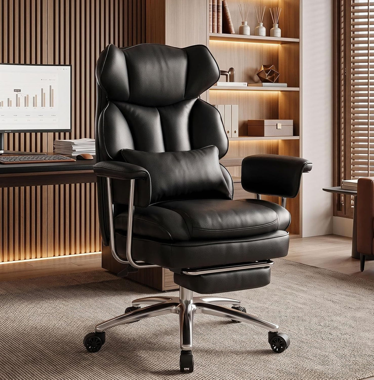 Big and Tall Office Chair, Ergonomic Leather Recliner Computer Chair, Black