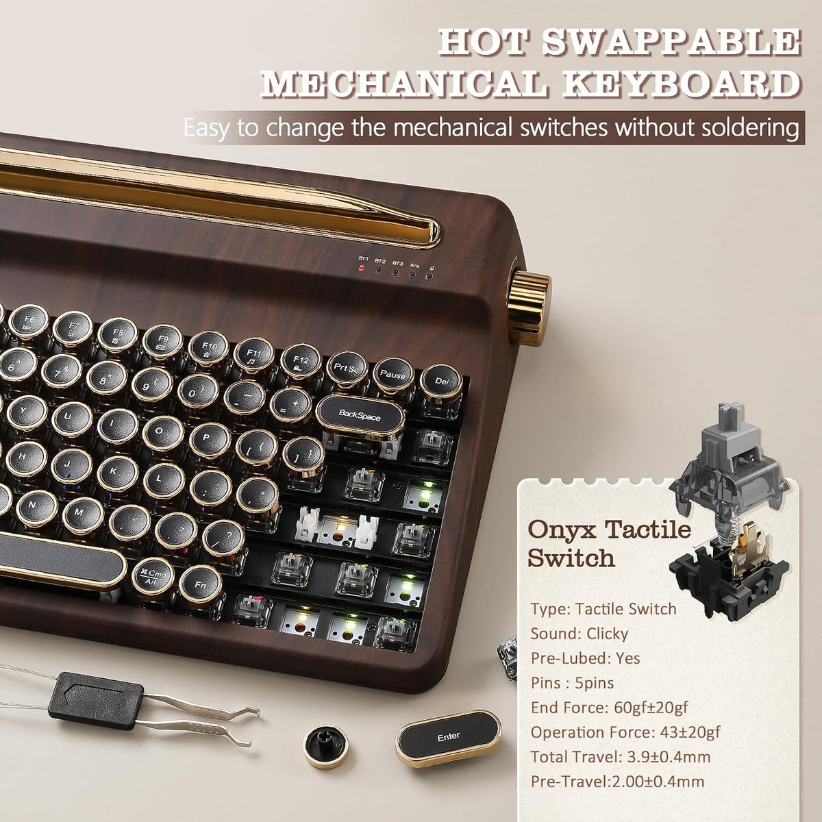 YUNZII QL75 Retro Typewriter Hot Swap RGB Keyboard (Wood, Onyx Switch)