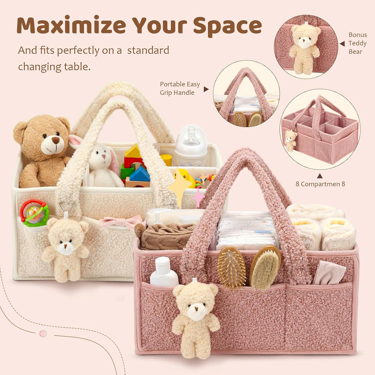 Shinylin 2 Pack Plush Diaper Caddy Organizer, Powder Pink and Ivory