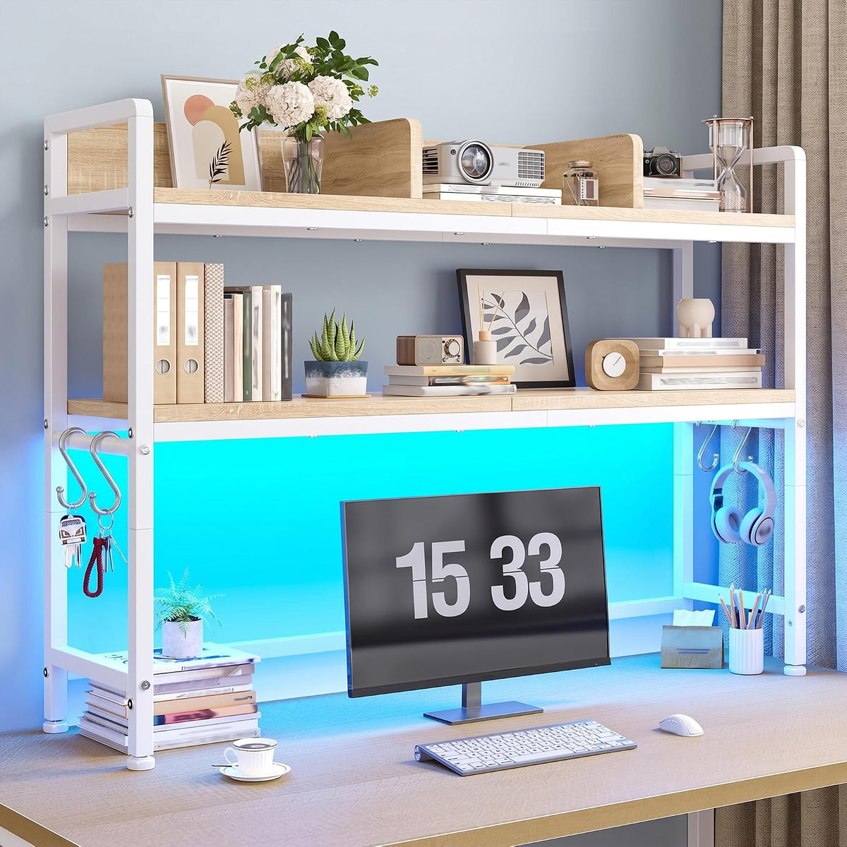 REIBII 2-Tier Desk Shelf, LED, Bedroom and Home Office, White