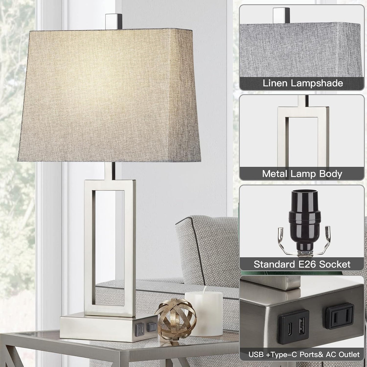 Rinweey 23.5" Touch Control Table Lamps Set of 2, Modern Silver Bedside ...