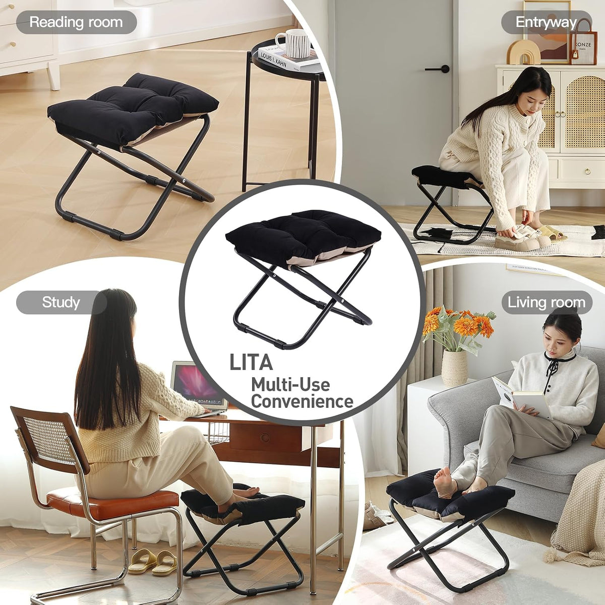 LITA Folding Ottoman, Upholstered Folding Foot Rest Stool for Living Room
