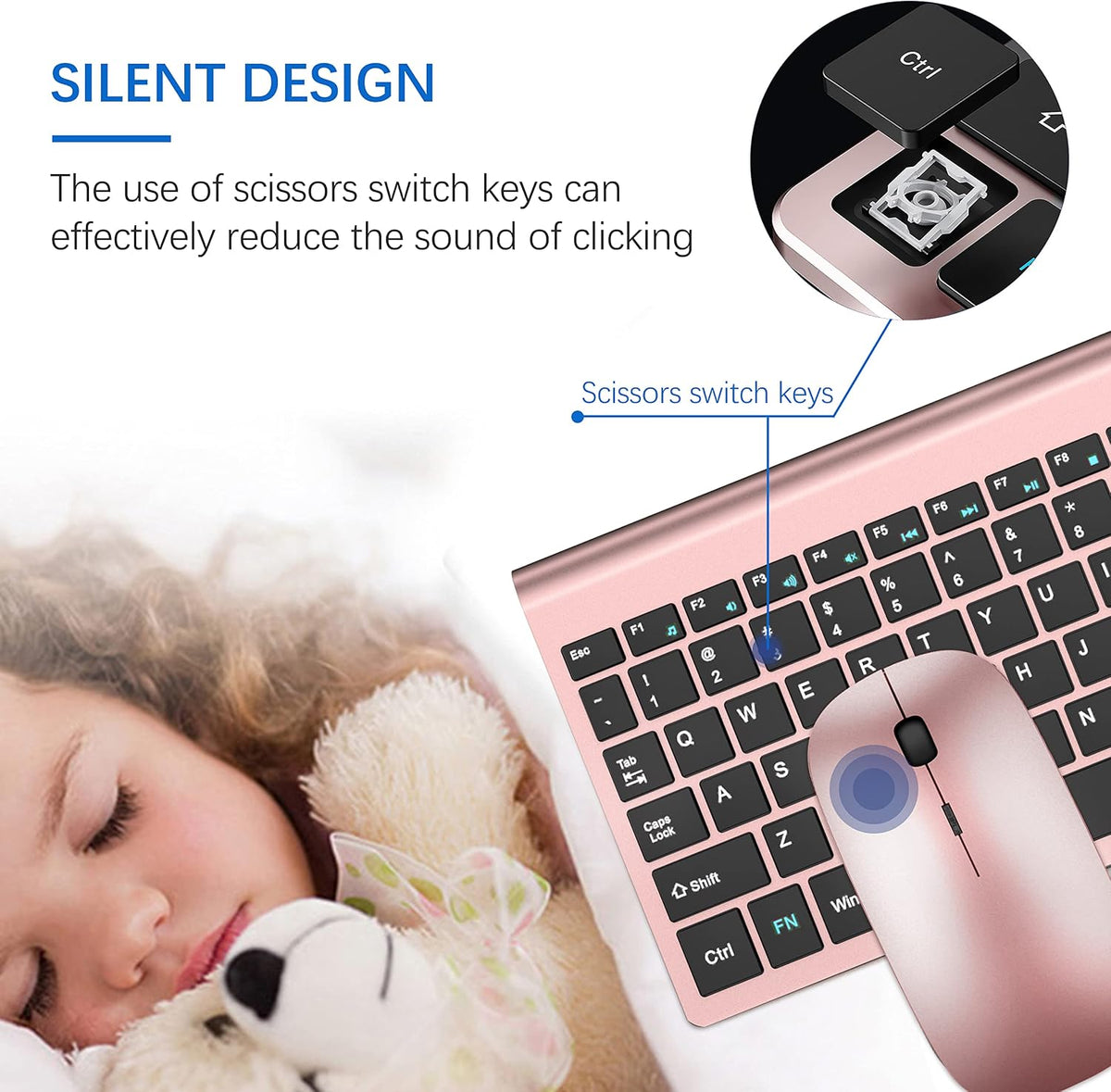 Wireless Keyboard and Mouse Ultra Slim Combo, TopMate - Rose Gold Black
