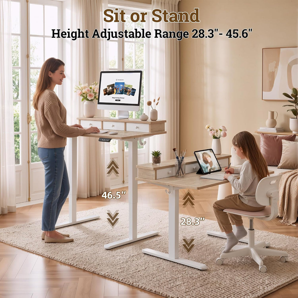 TIQLAB Small Standing Desk with 3 Drawers, 40" Computer Desk Girls, Maple
