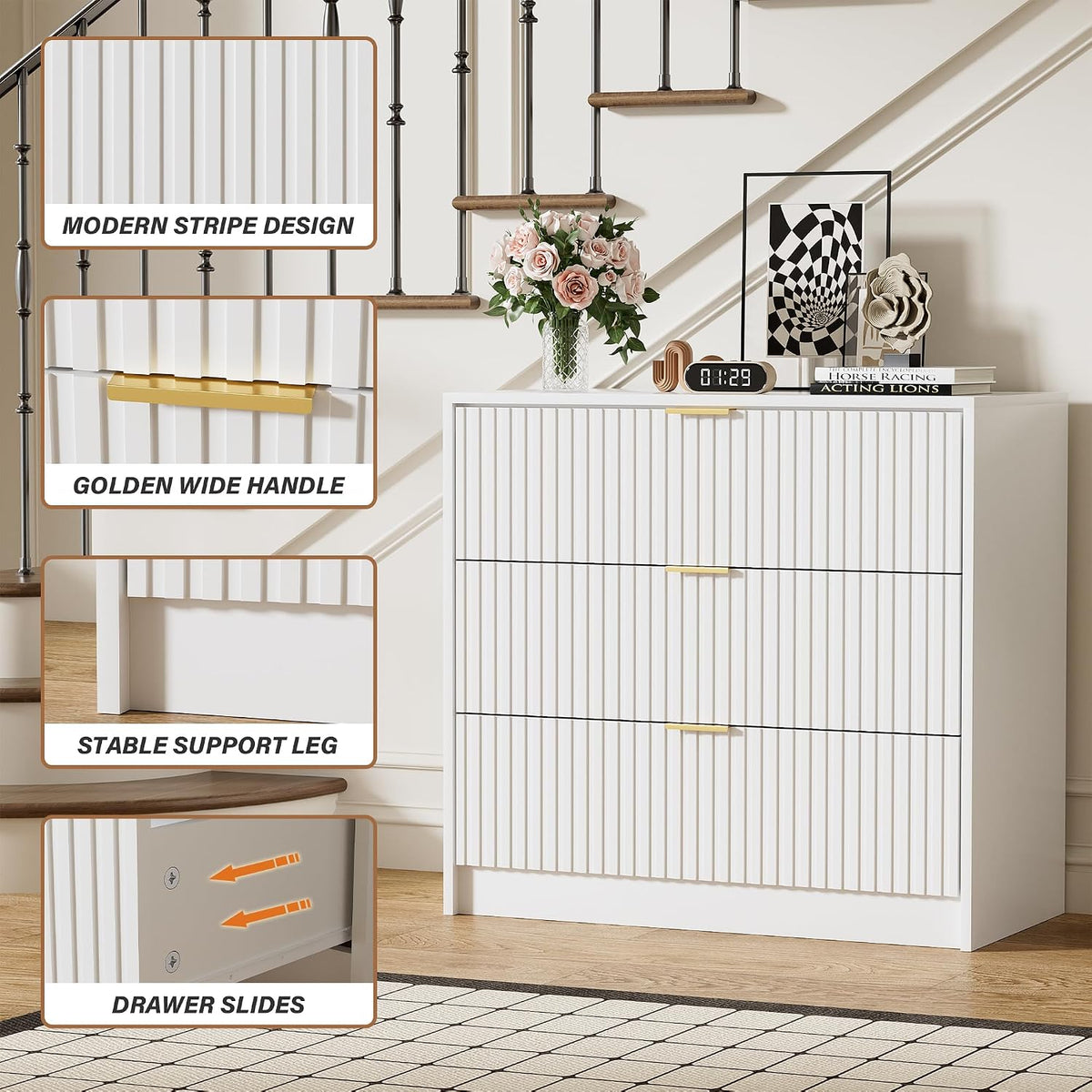Furniway 31.5" Large Nightstand with 3 Drawers, Fluted Bedside Table, Mo...