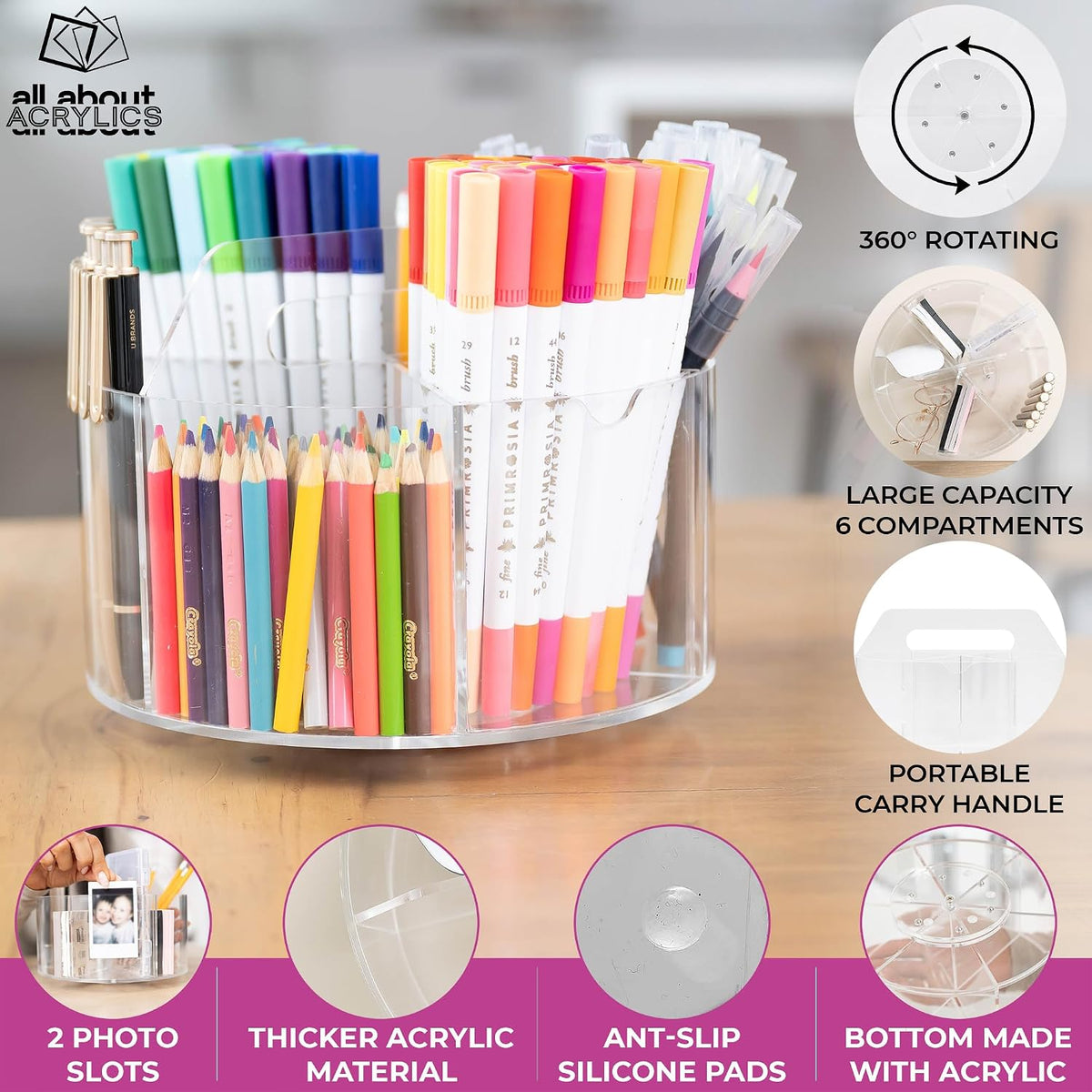 Acrylic Marker Organizer - Multipurpose 360 Rotating Holder for Pencil, Pen, ...