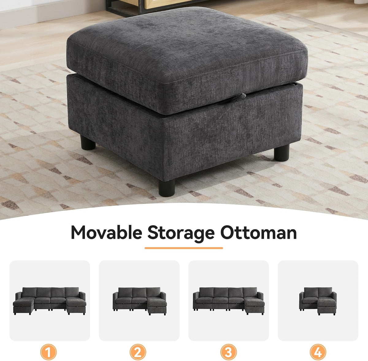 WUTUTUEE 25" Square Storage Ottoman for Modular Couch, Convertible Footr...