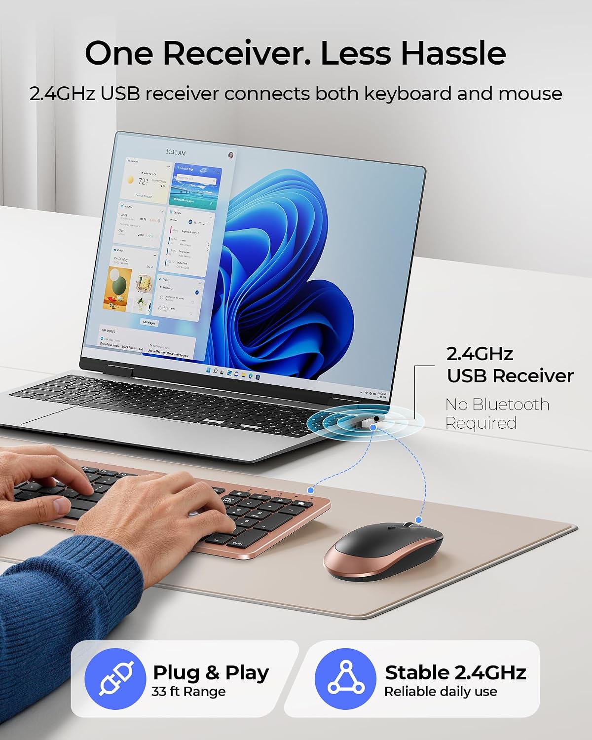 seenda Rechargeable Wireless Keyboard and Mouse Combo, Rose Gold & Black