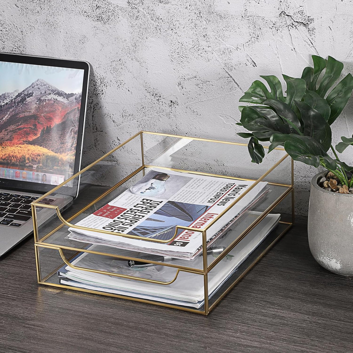 BTSKY 2 Pack Golden Glass Desk Tray, Multi-Purpose Organizer for A4 Paper, Do...