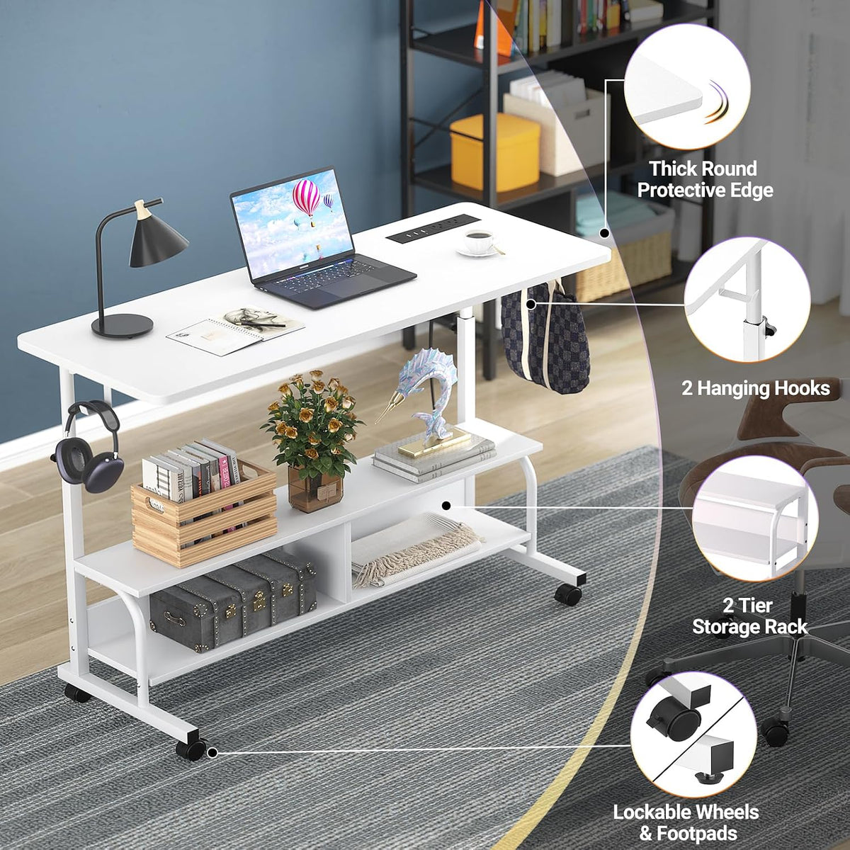 Armocity 47" Rolling Standing Desk with Charging Station for Couch Bed