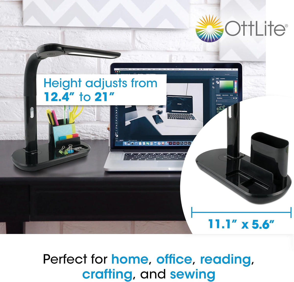 OttLite Pivoting Bankers LED Desk Lamp with USB Charging Port, Black