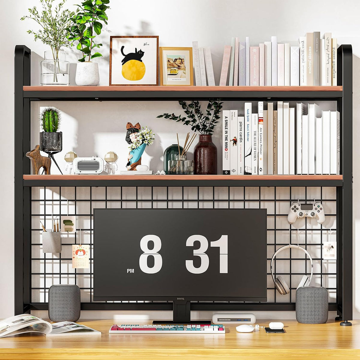 HUATOL Desktop Bookshelf for Computer Desk, 2-Tier Multipurpose Wood Countert...