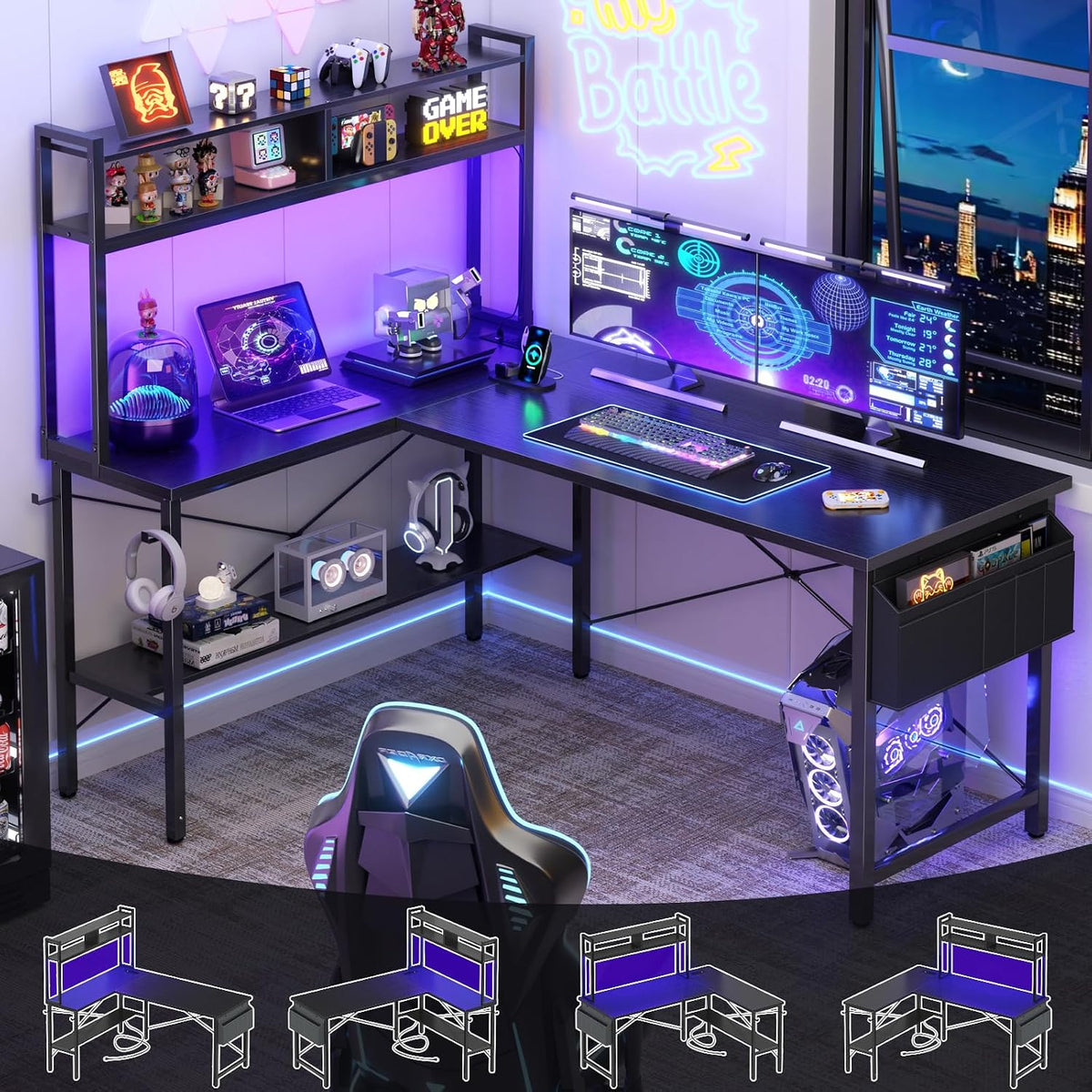 Aheaplus 59" L Shaped Desk Gaming Desk with LED Light & Power Outlet...