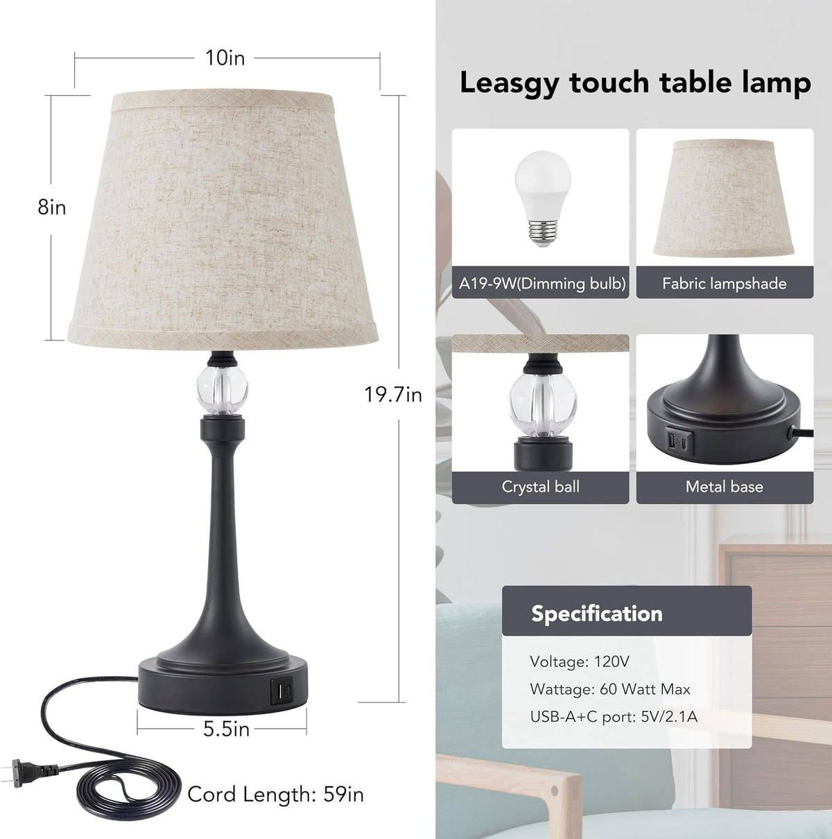 Touch Black Table Lamp Set of 2 with USB C+A Ports, Desk Lamp-19.7''