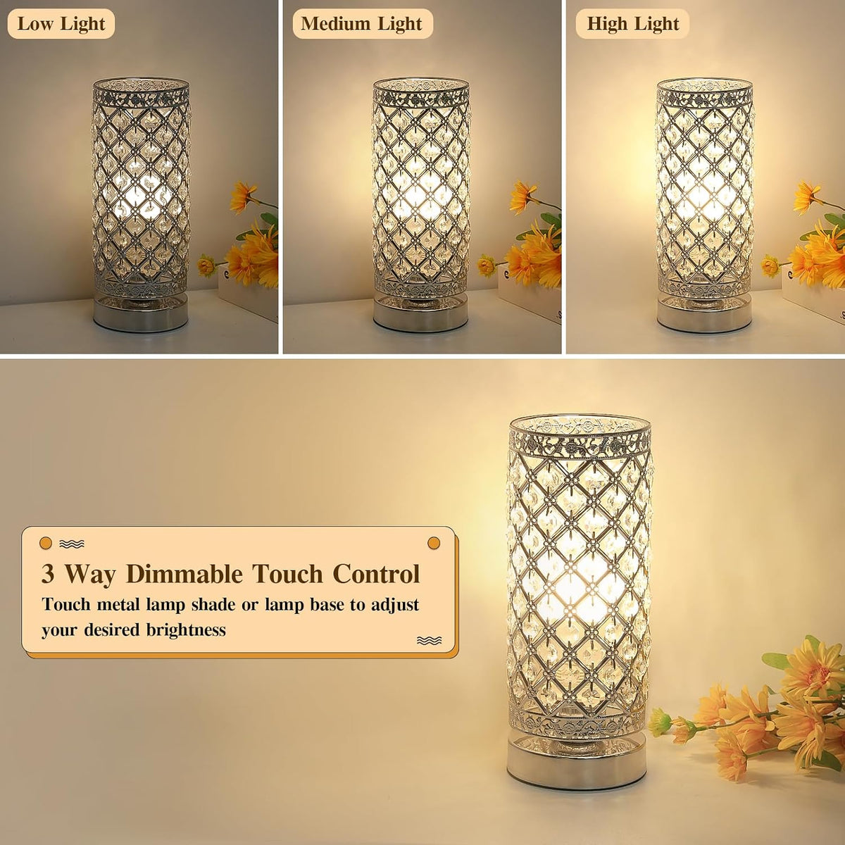 Crystal Table Lamp, 3 Way Touch Control Dimmable Bedside Nightstand Lamp