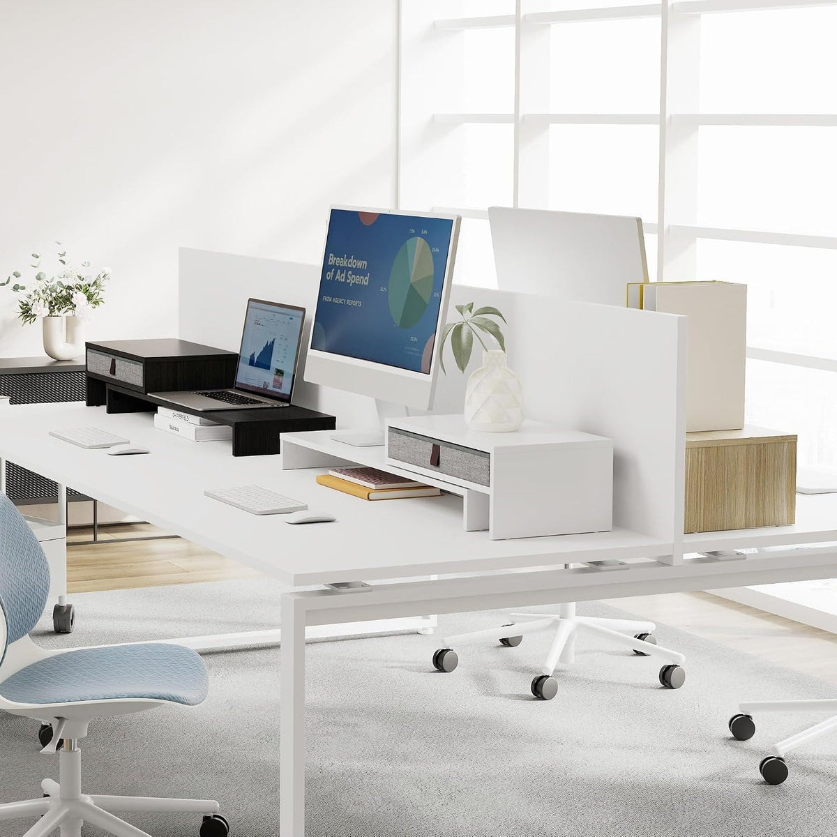 Fenge Triple Monitor Stand with Storage Drawer, Adjustable Length and Angle