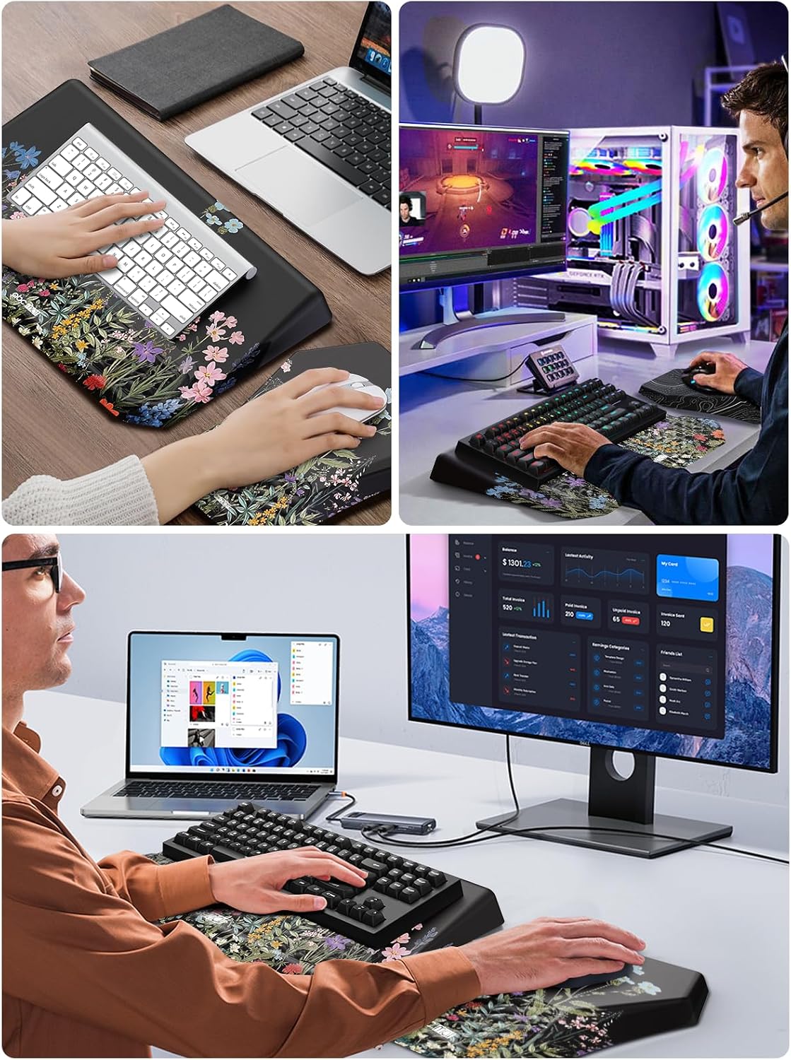 3-in-1 Ergonomic Keyboard Stand with Wrist Rest & Mouse Pad Set, Flower