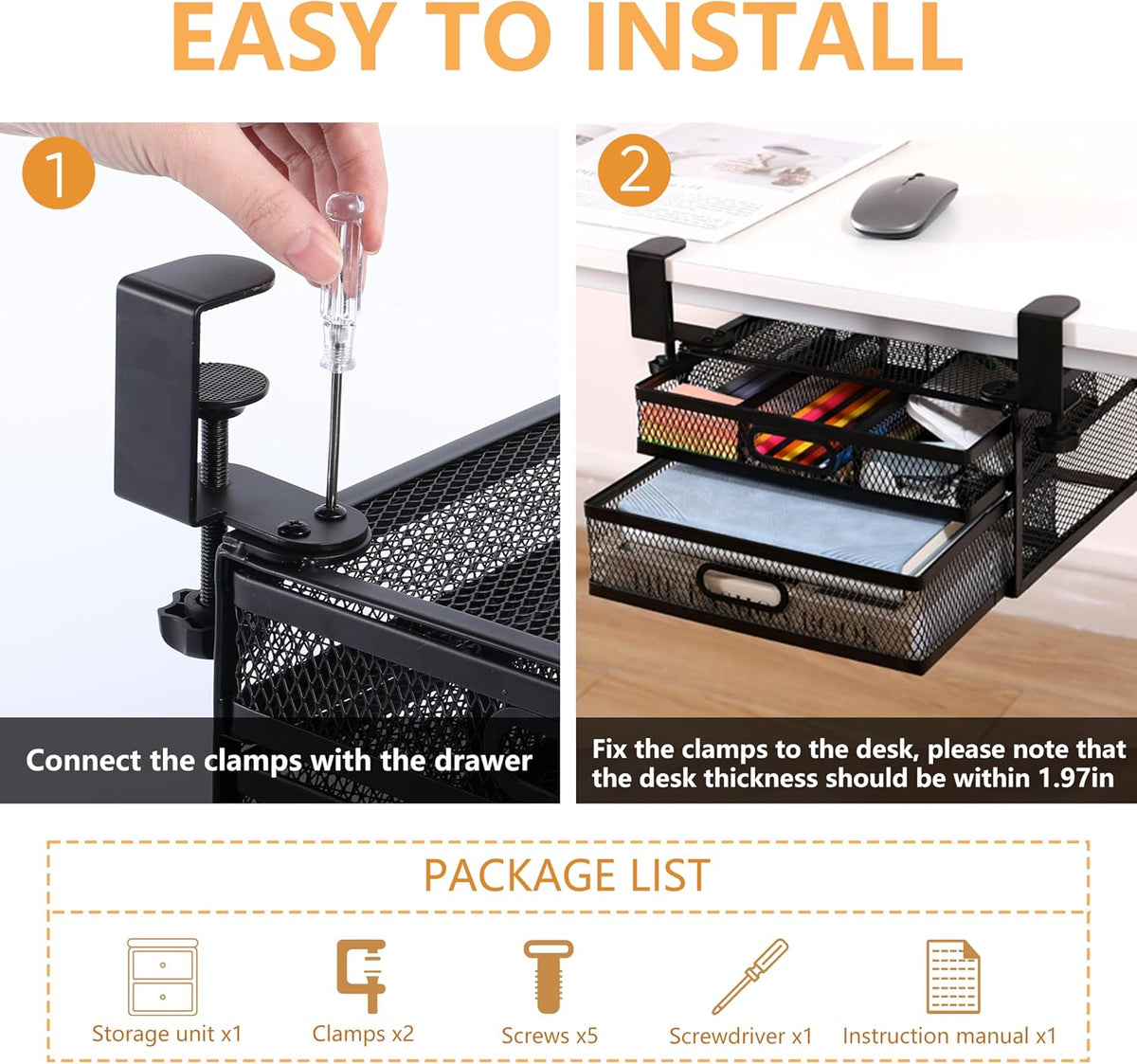 Sliding Under Desk Drawer Organizer No Drilling 2 Drawers Slide Out Desktop O...