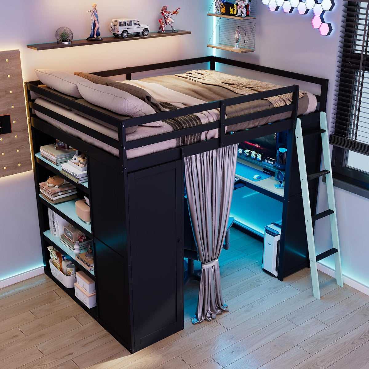 Merax Full Size Loft Bed with Desk and 6 Storage Shelves, Wardrobe, Blackout ...