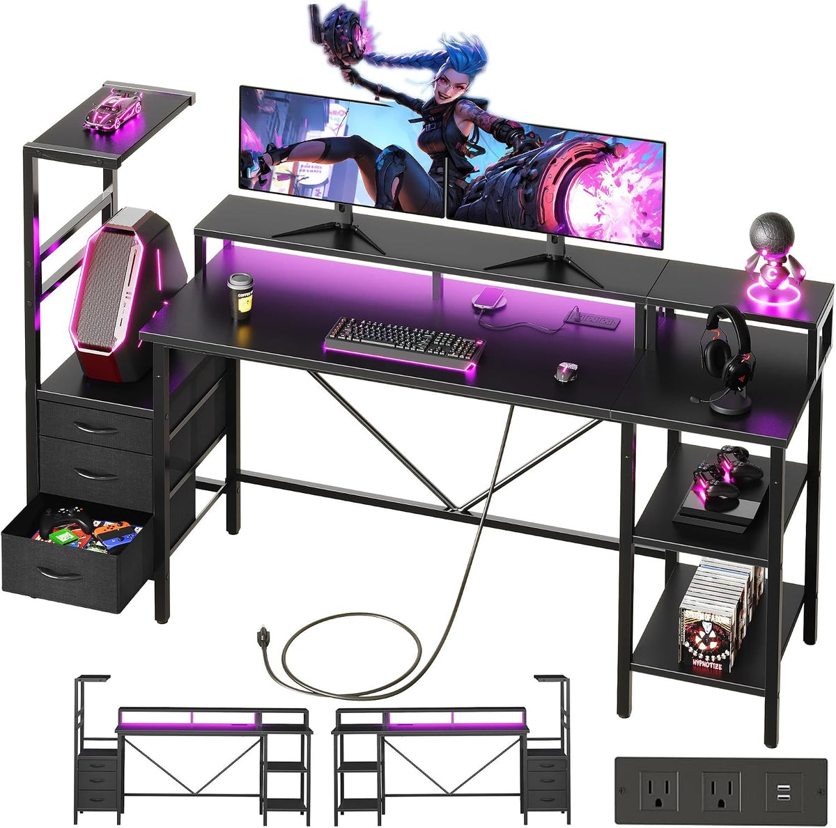 59 in Gaming Desk with Storage Drawers & Shelves, Reversible Computer Desk
