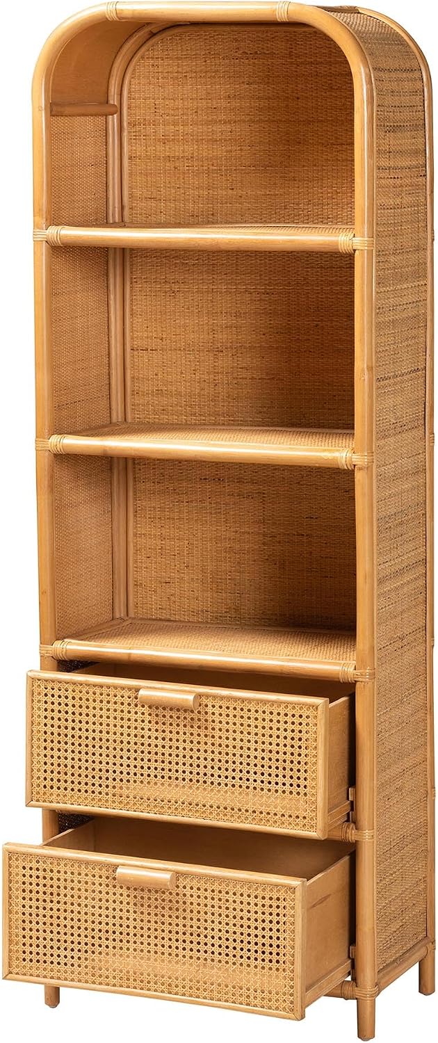 Bali & pari Curacao Modern Bohemian Light Honey Rattan 2-Drawer Bookcase