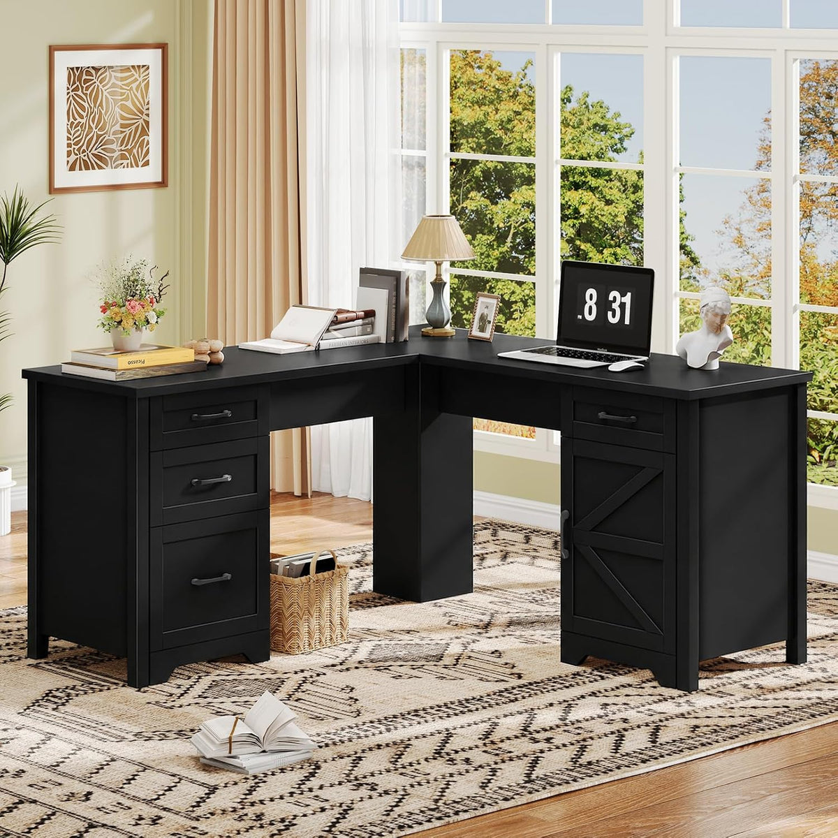 Vabches 59” Farmhouse L Shaped Executive Desk with File Drawer, Black