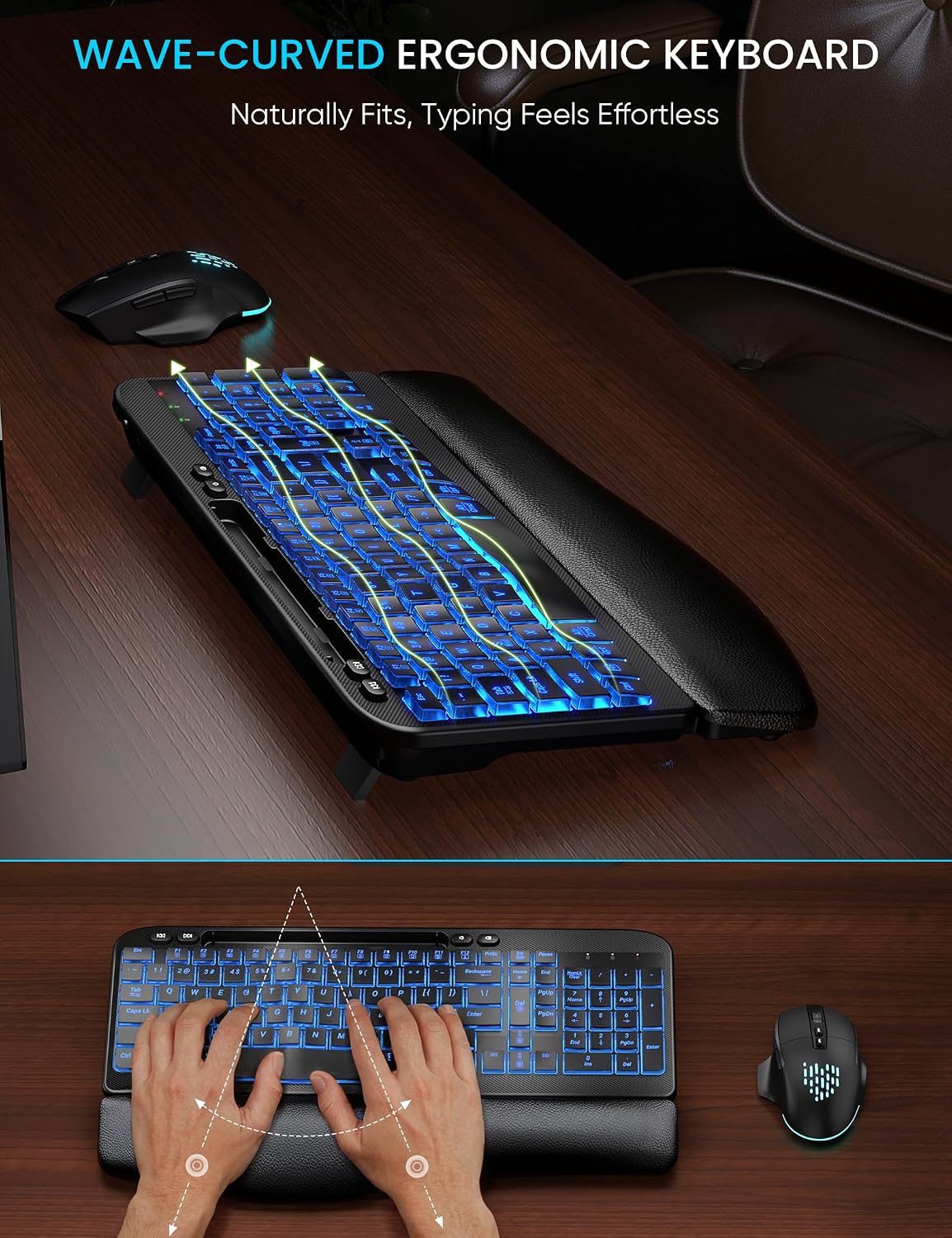 SABLUTE Wireless Keyboard and Mouse Combo, Ergonomic Wave with Wrist Rest