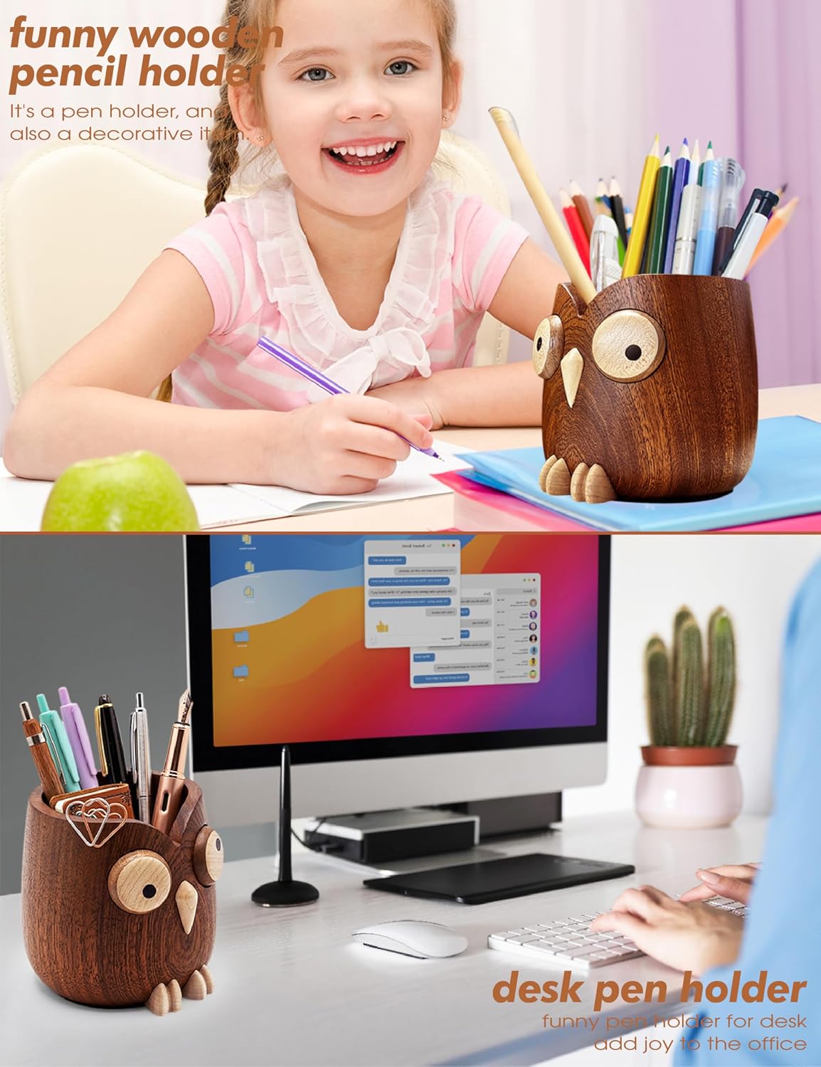 Solid Wood Owl Pen Holder for Desk with Adjustable Expressions, Funny Pencil ...