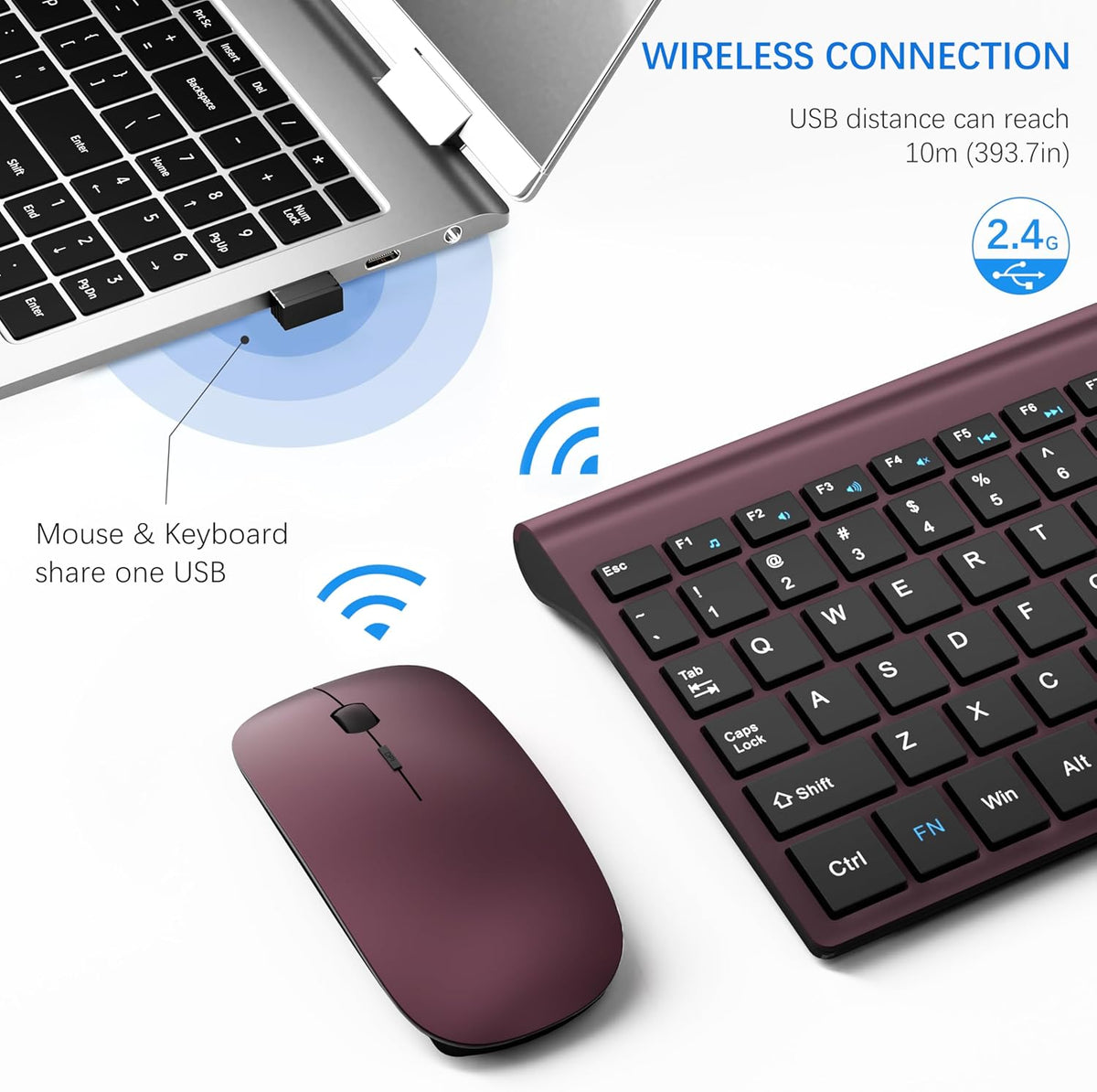 Wireless Keyboard and Mouse Ultra Slim Combo, TopMate - Wine Black