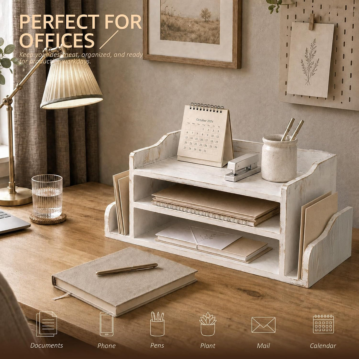 Wood Desk Organizer: File Organizer for Office Desk & Classroom, Whitewash
