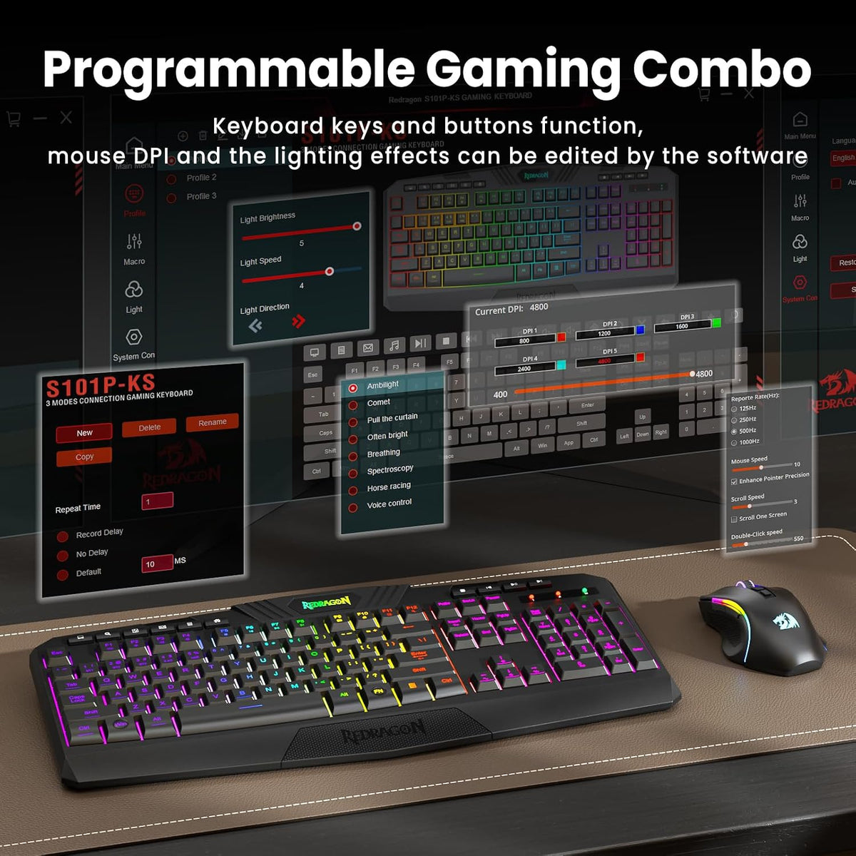 Redragon S101M-KS Gaming Keyboard and Mouse Wireless with Tri-Mode, RGB Keybo...