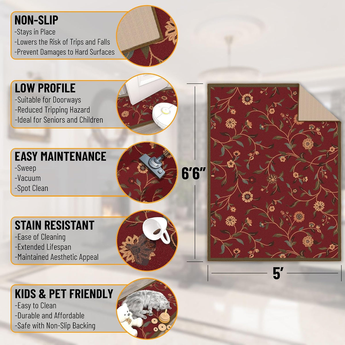 Ottomanson 5x7 Living Room Rug – Non-Slip Area Rugs