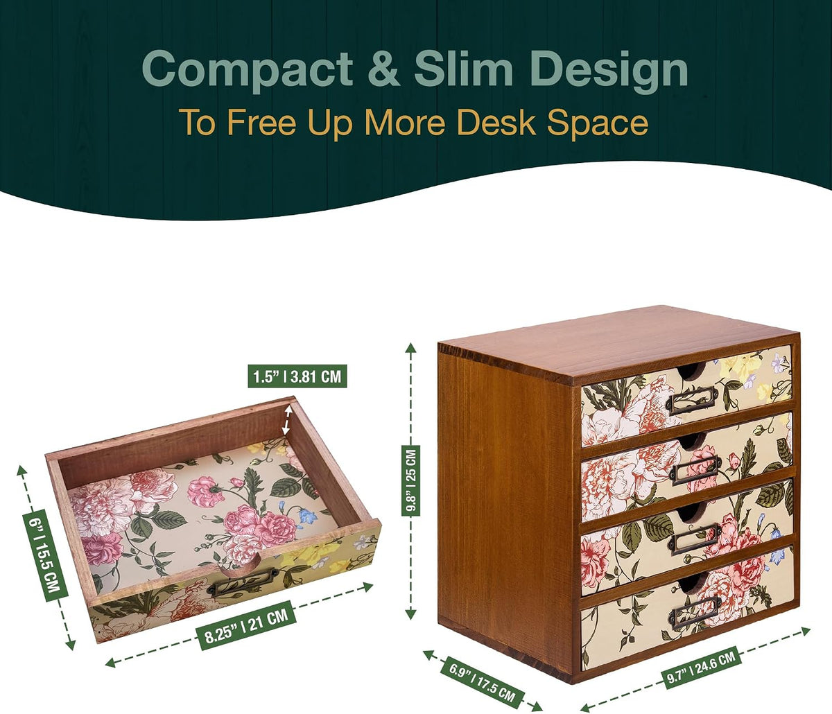 4-Drawer Vintage Desk Organizer with Jacobean Pattern Pastel Flowers Curio Dr...