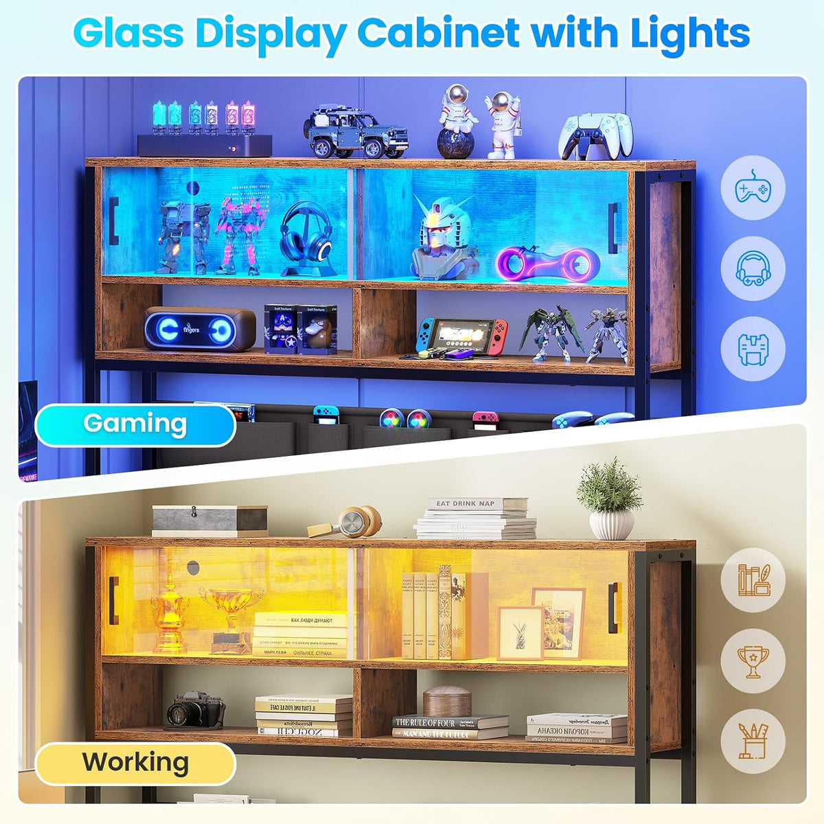 SEDETA L Shaped Office Desk with Storage Shelves, 2 Drawer, LED Light