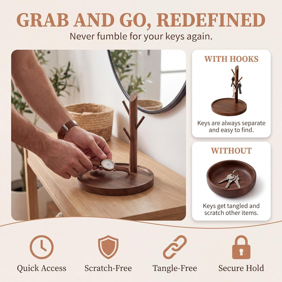 Solid Acacia Wood Key Tray & Key Bowl, Entryway Key Holder Bowl with Hook...