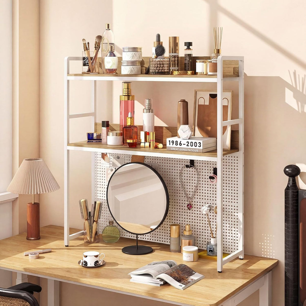 GIANTEX Desktop Bookshelf, 2-Tier Desk Hutch Dorm with Pegboard for up to 32&...
