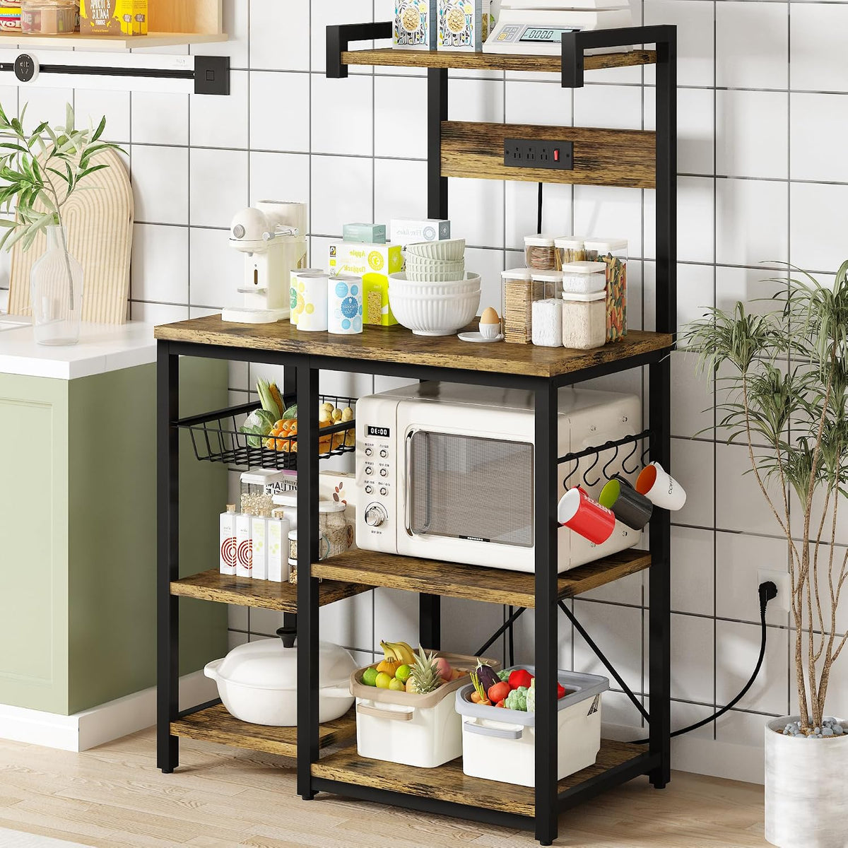 Recaceik Bakers Rack Kitchen Storage Rack with Power Outlet Microwave Stand C...
