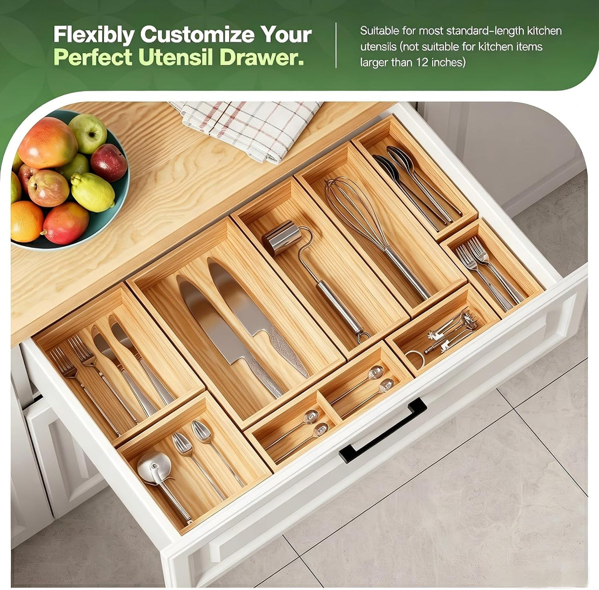 9-Pack Solid Wood Junk Drawer Organizer, Modular Desk Drawer Tray & Acces...