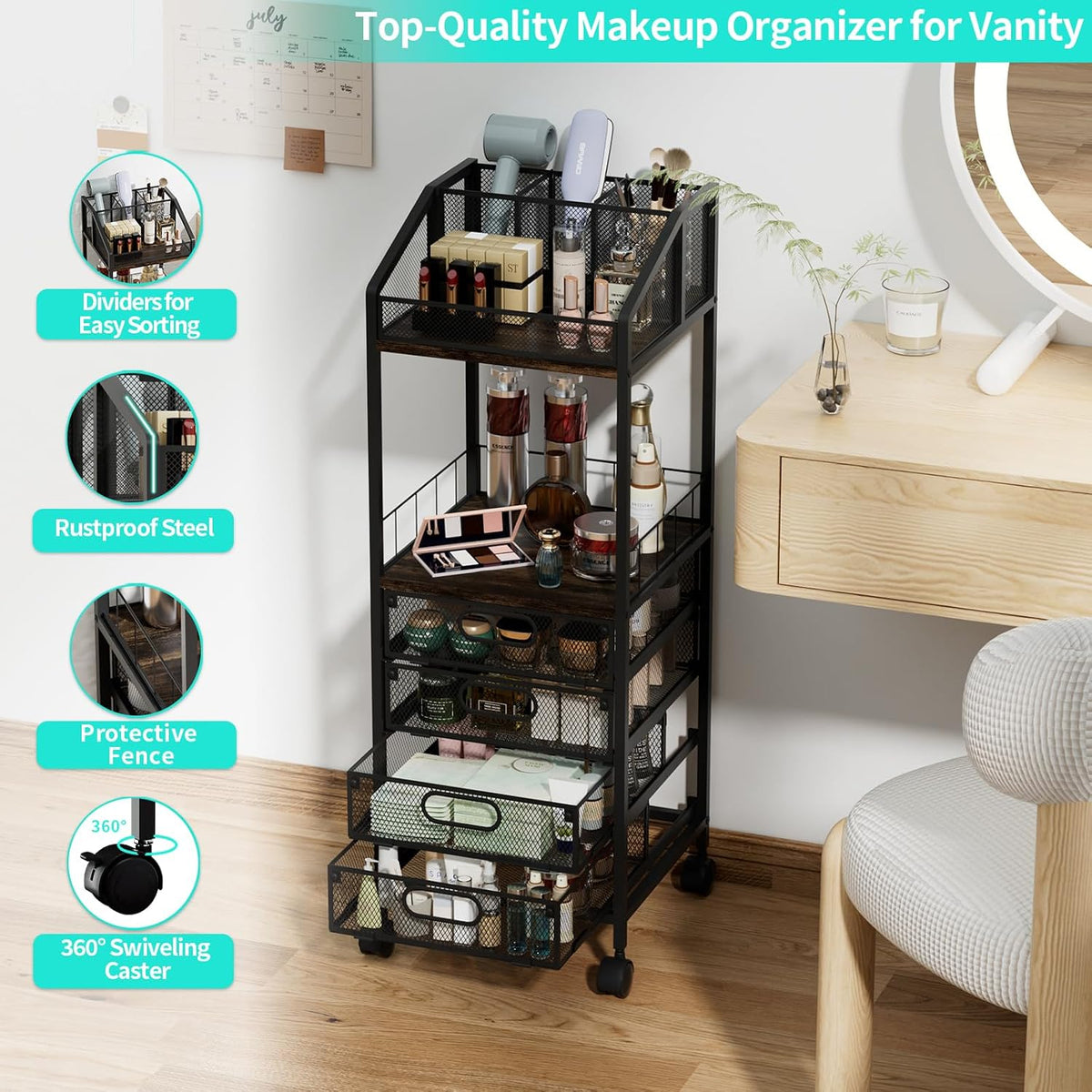 HapiRm Makeup Organizer Storage Cart - Floor Skincare Make Up Storage with 4 ...