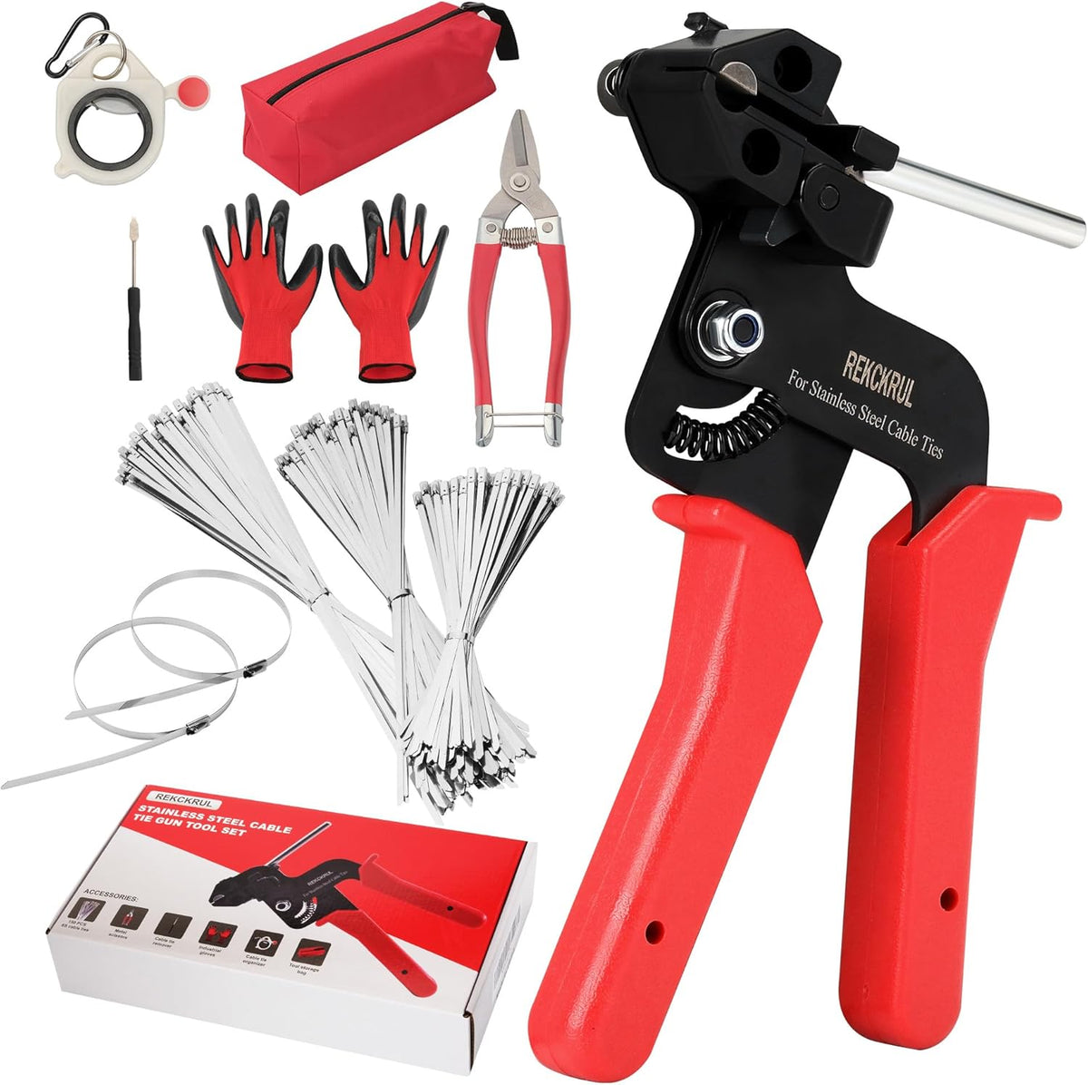 Stainless Steel Cable Tie Gun Set Metal Zip Tie Tool Kit (Red)