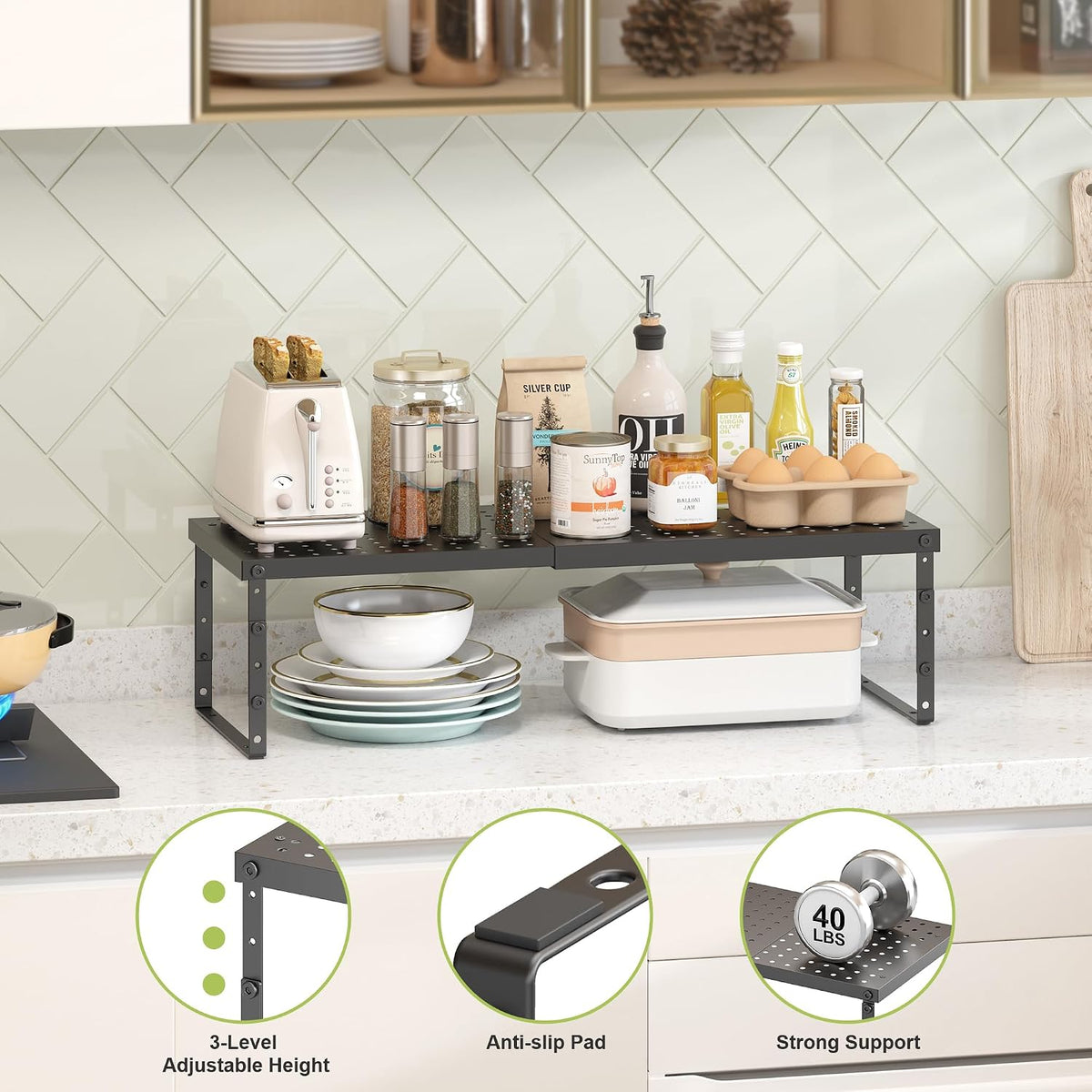 RUILALIFE Expandable Cabinet Organizer Shelf With Adjustable Height, Stackabl...